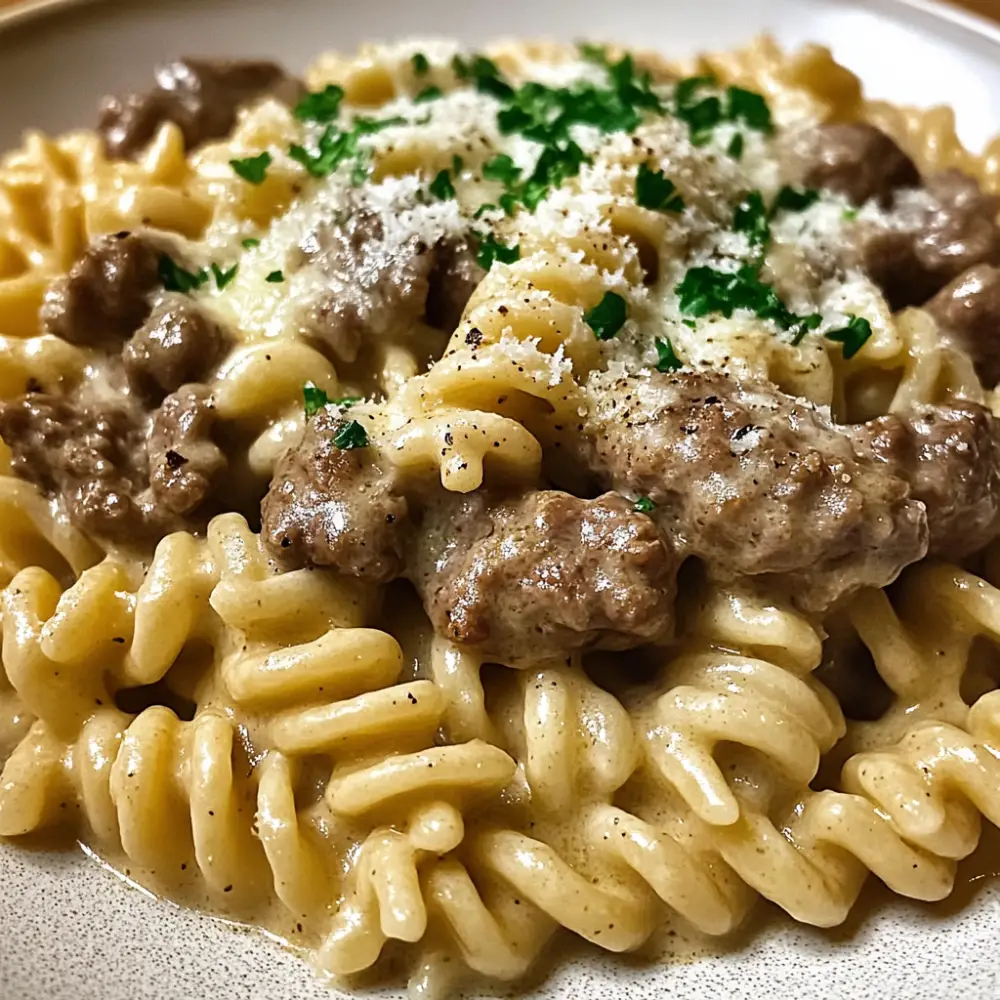 Beef and Rotini in Garlic Parmesan Sauce