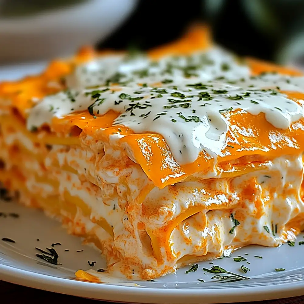 Cheesy Buffalo Chicken Lasagna with Ranch Drizzle