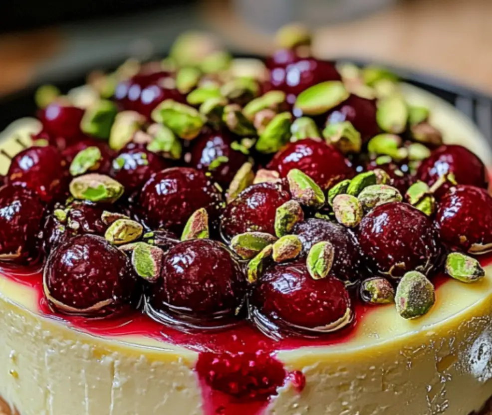 Zesty Lemon-Lime Cherry Pistachio Cheesecake