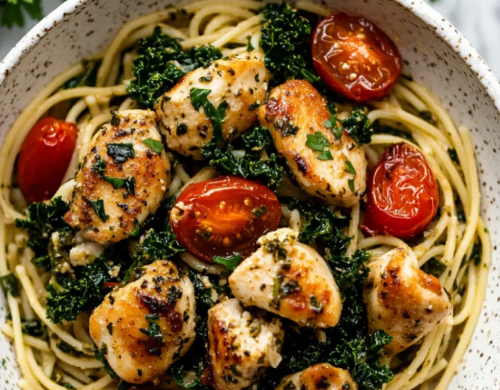 Garlic Herb Chicken Pasta with Roasted Cherry Tomatoes and Kale