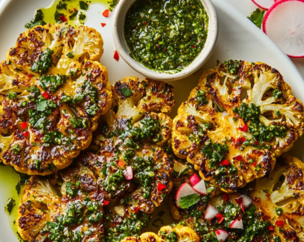 Grilled Cauliflower Steaks with Chimichurri Sauce