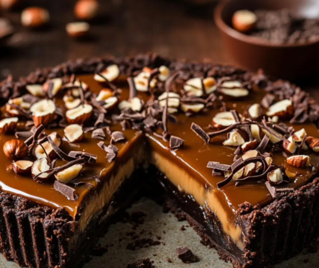 Salted Caramel Chocolate Tart with Hazelnuts