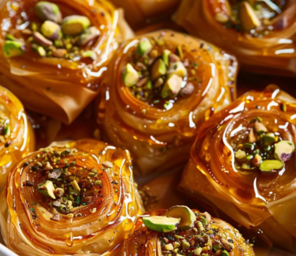 Pistachio Baklava Nests with Honey Syrup