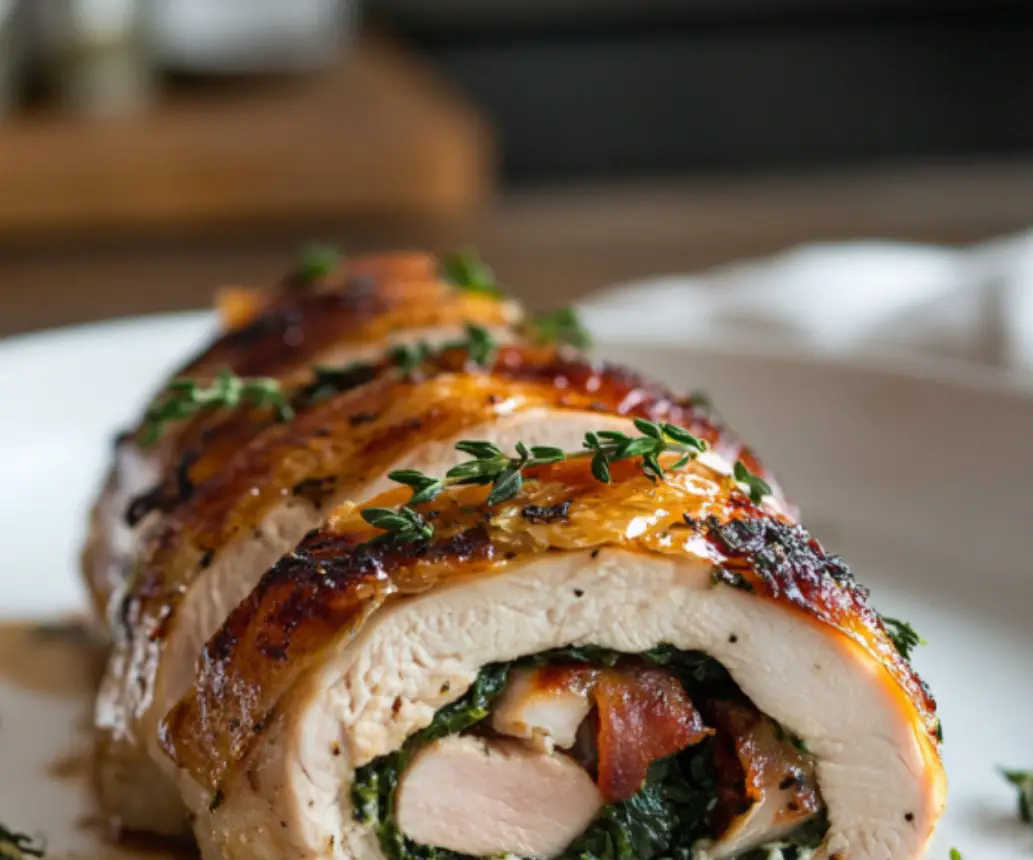 Stuffed Chicken Roulade with Spinach, Bacon, and Cheese