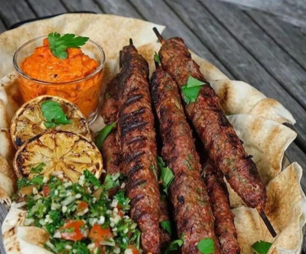 Grilled Lamb Kofta Skewers with Tabbouleh and Red Pepper Dip