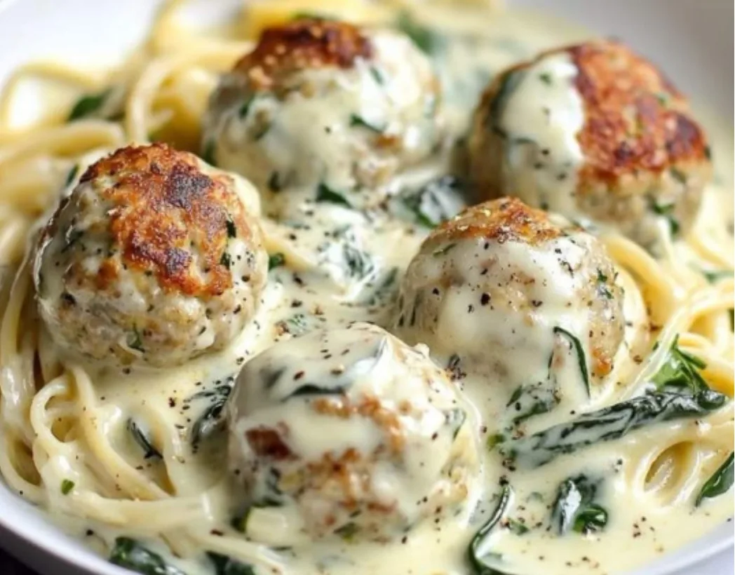 Creamy Chicken Meatballs with Spinach Alfredo Sauce