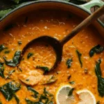 Creamy Red Lentil Soup with Spinach and Lemon