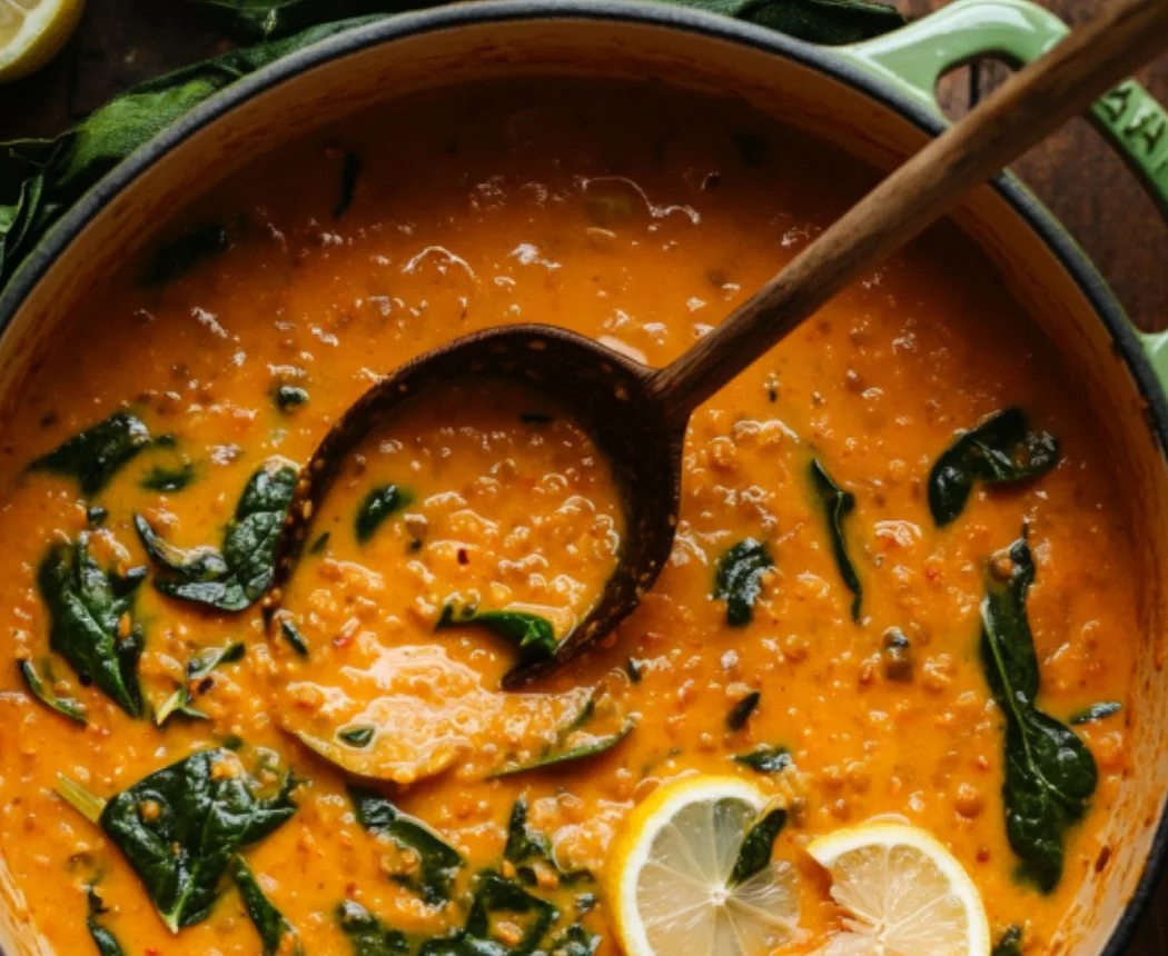 Creamy Red Lentil Soup with Spinach and Lemon