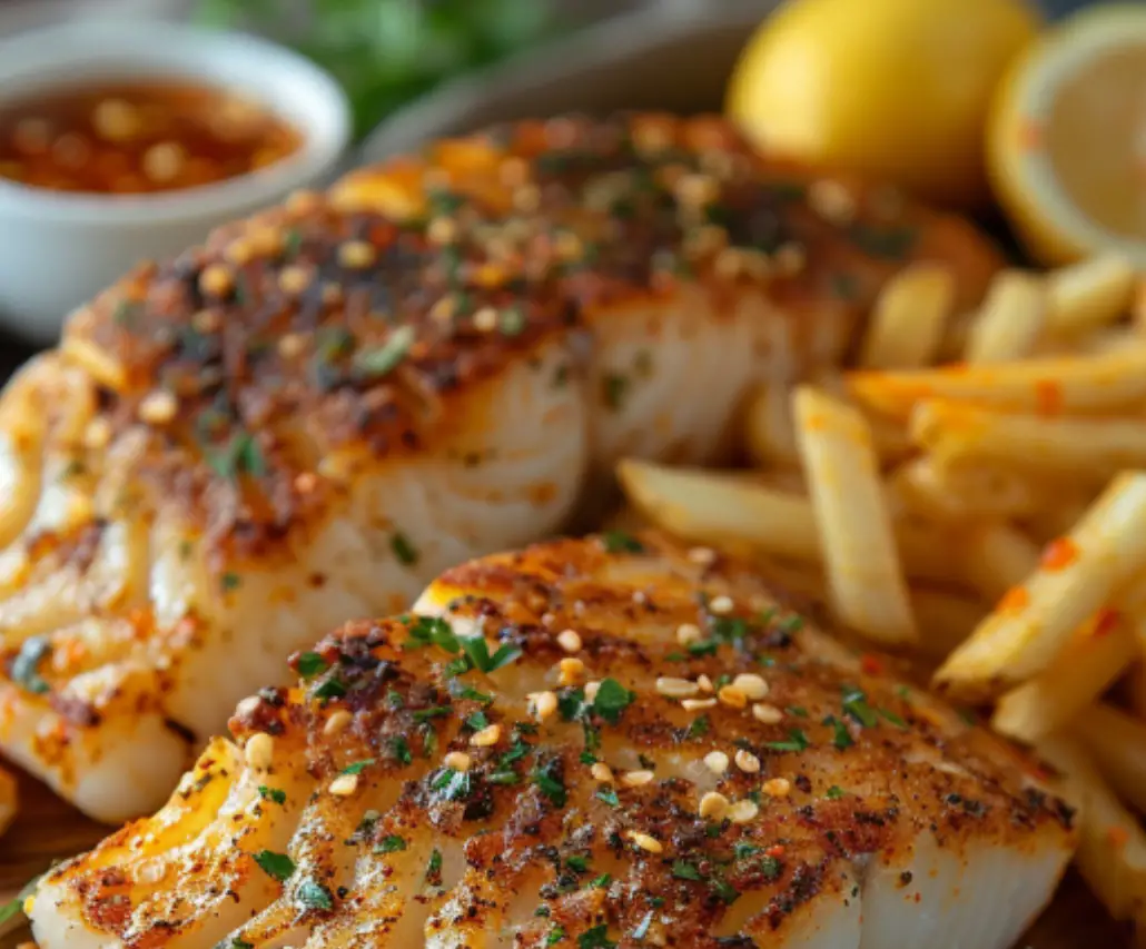 Blackened Cod with Garlic Butter and Fries