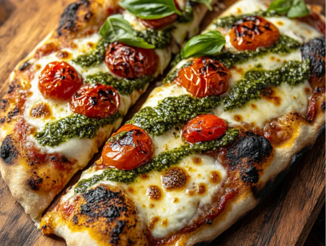 Homemade Pesto Flatbread Pizza with Roasted Tomatoes and Mozzarella