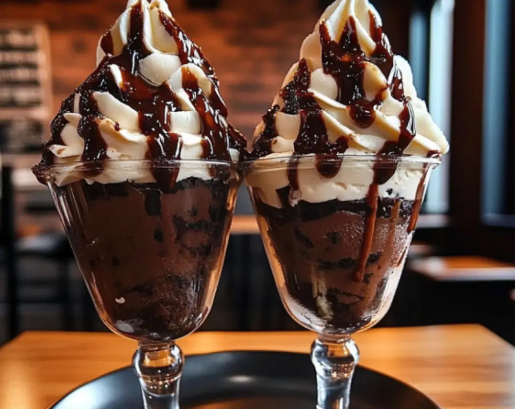 Layered Chocolate Brownie Parfait with Whipped Cream and Fudge Sauce