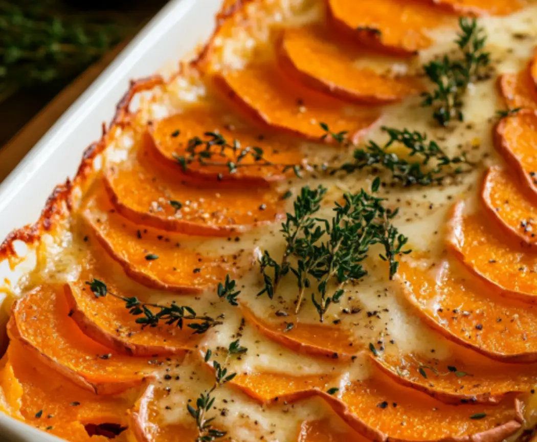 Sweet Potato Gratin in White Ceramic