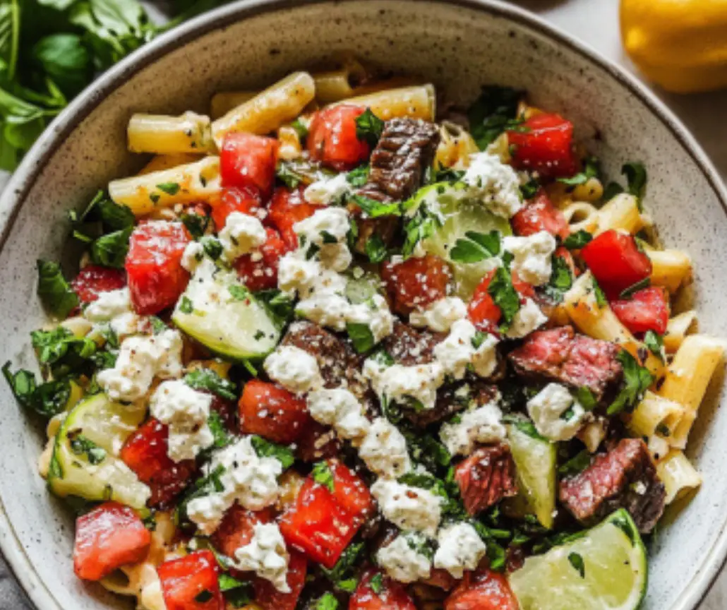 Zesty Steak Pasta Salad with Feta and Lime
