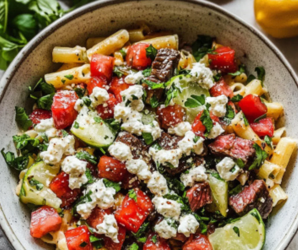 Zesty Steak Pasta Salad with Feta and Lime