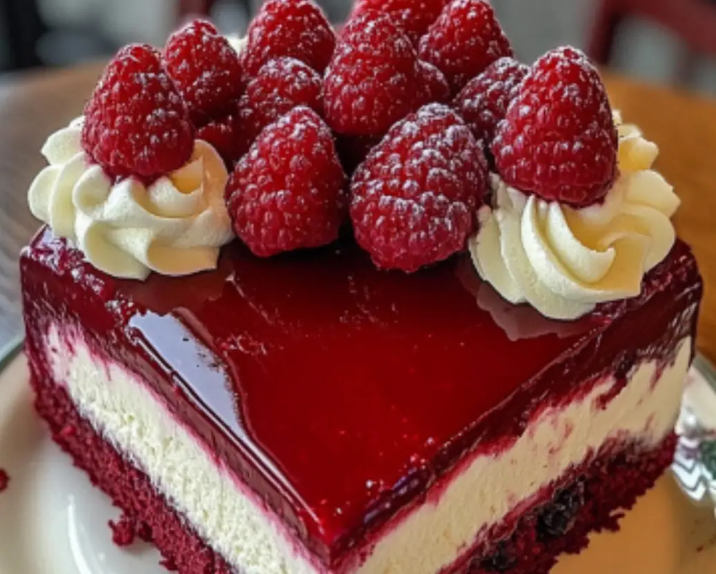Raspberry Red Velvet Cheesecake Slice with Whipped Cream