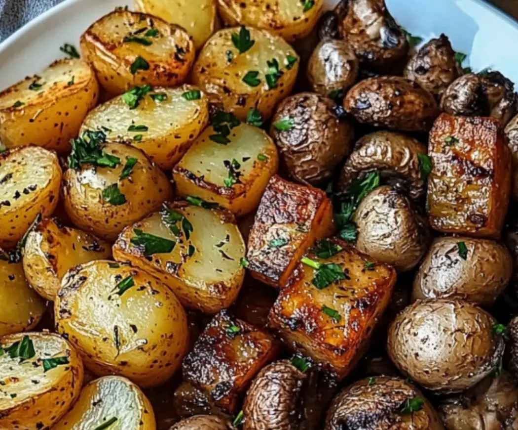 Roasted Baby Potatoes, Tofu, and Garlic Mushrooms Medley