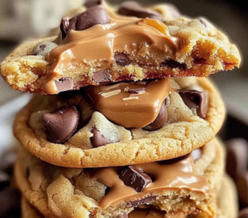 Gooey Chocolate Chip Cookies with Melted Caramel Center