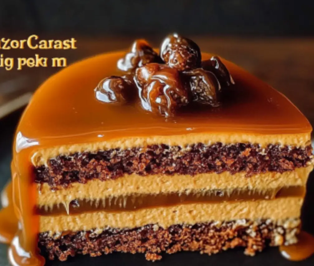 Salted Caramel Mocha Layer Cake with Glazed Cherries