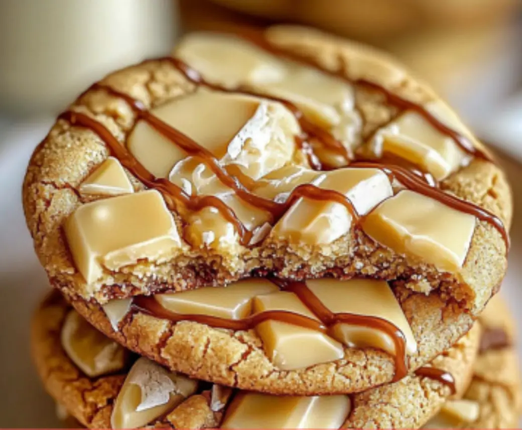 White Chocolate Caramel Chip Cookies with Caramel Drizzle