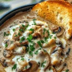 Creamy Mushroom Soup with Melted Cheese and Toast