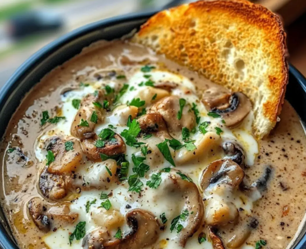 Creamy Mushroom Soup with Melted Cheese and Toast