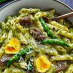 Penne Pasta with Beef and Green Bean Pesto Sauce