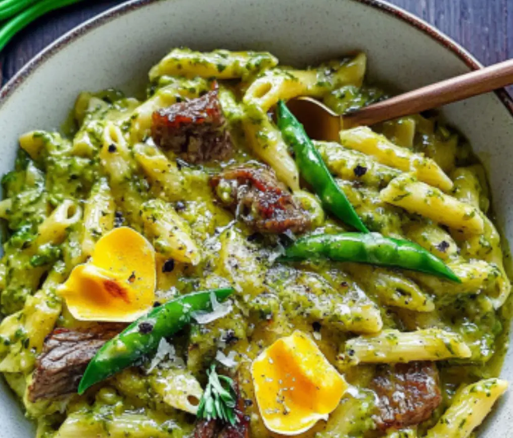 Penne Pasta with Beef and Green Bean Pesto Sauce
