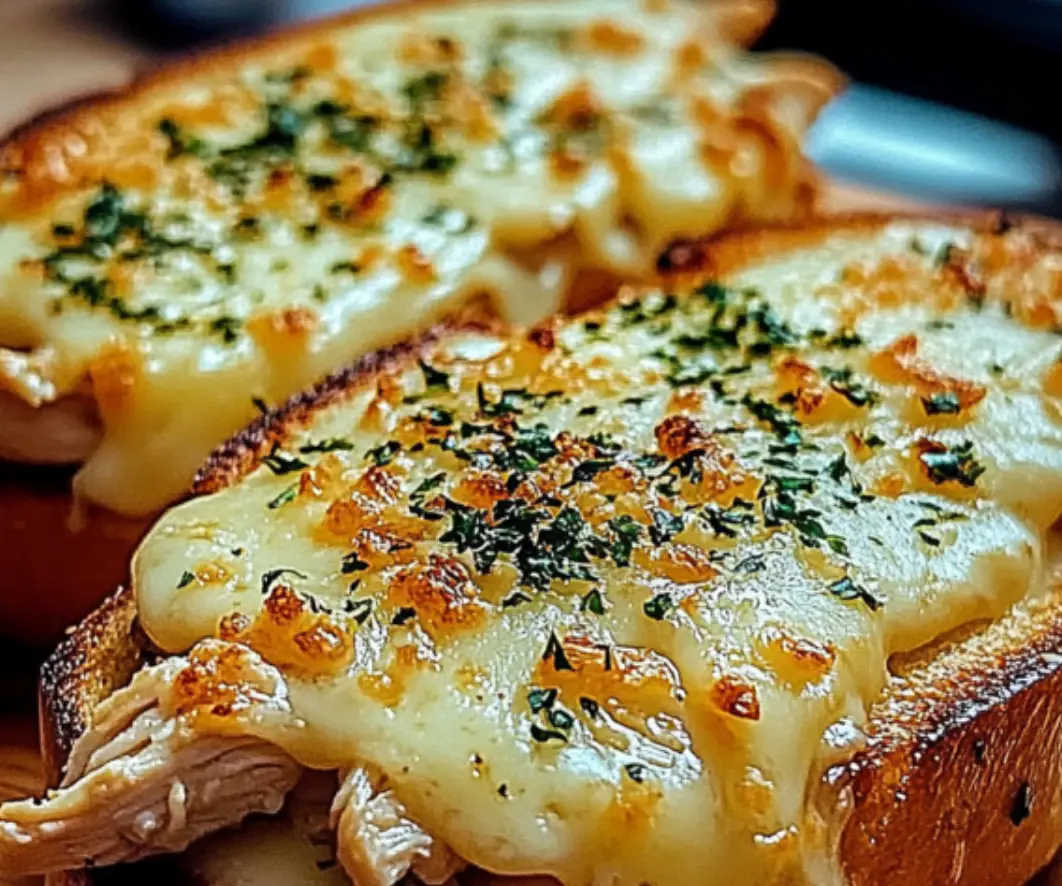 Open-Faced Chicken Melt on Garlic Bread