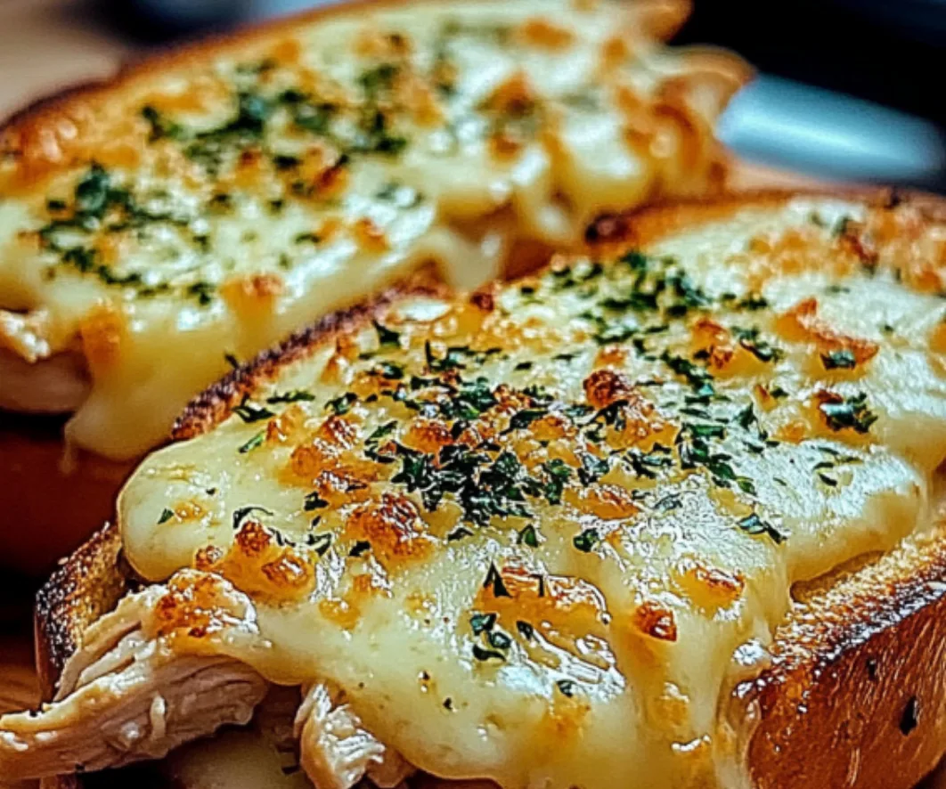 Open-Faced Chicken Melt on Garlic Bread