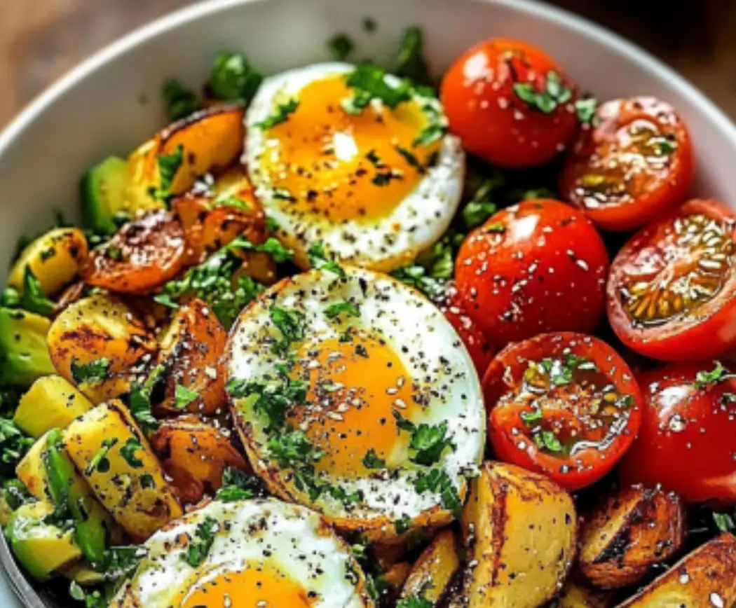 Savory Breakfast Bowl with Eggs, Avocado, and Roasted Veggies