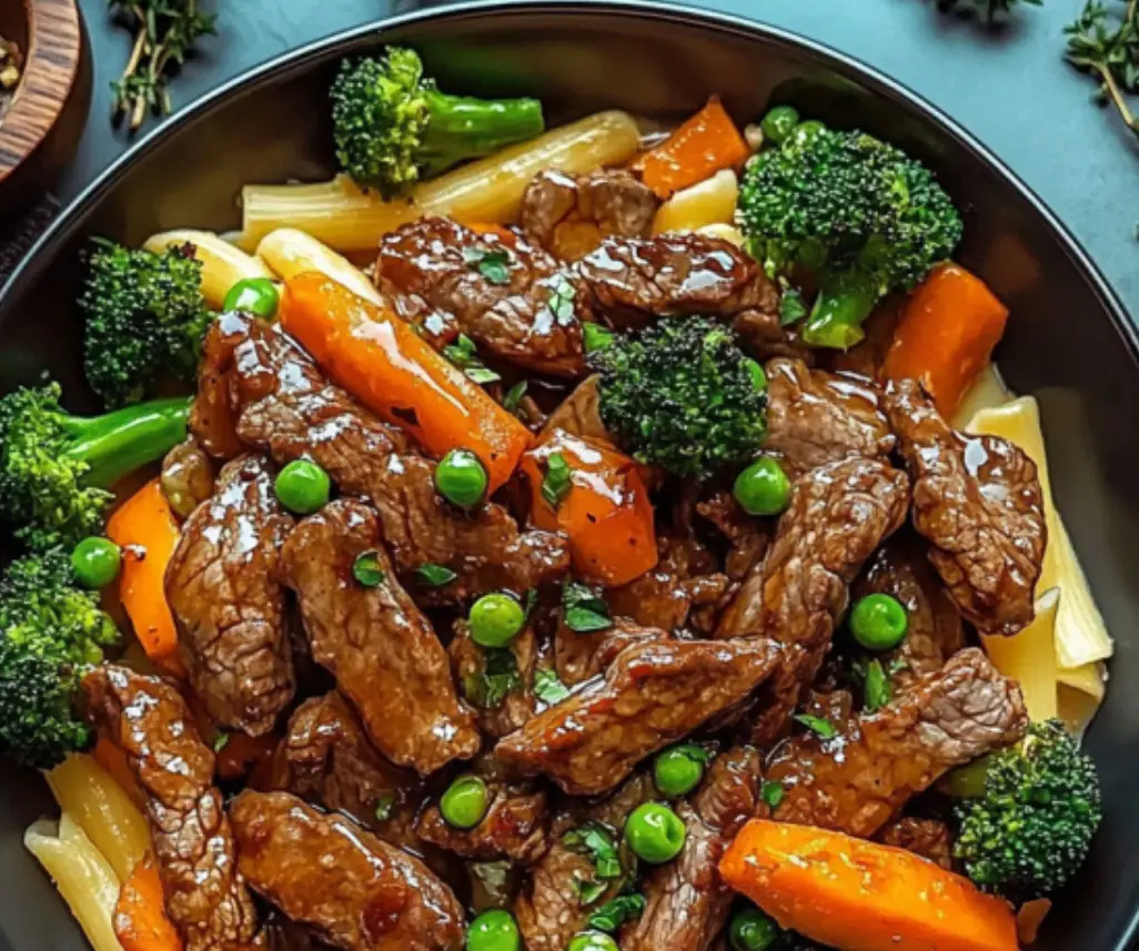 Beef Stir Fry with Vegetables over Pasta