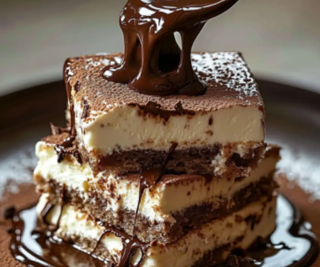 Classic Tiramisu Squares with Dark Chocolate Drizzle