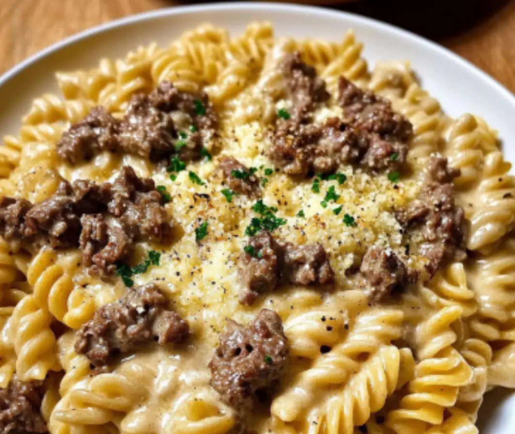 Beef & Rotini in Creamy Garlic Parmesan Sauce