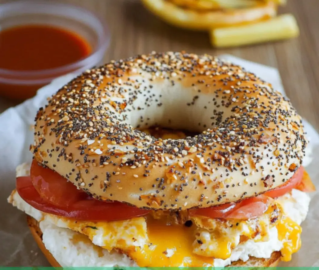 Cheesy Egg and Tomato Breakfast Bagel Sandwich