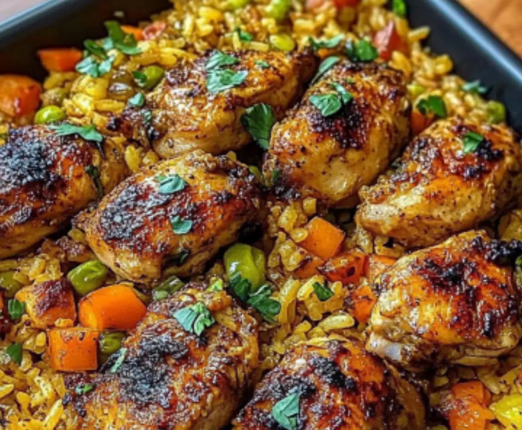 One-Pan Baked Chicken Thighs with Vegetable Rice