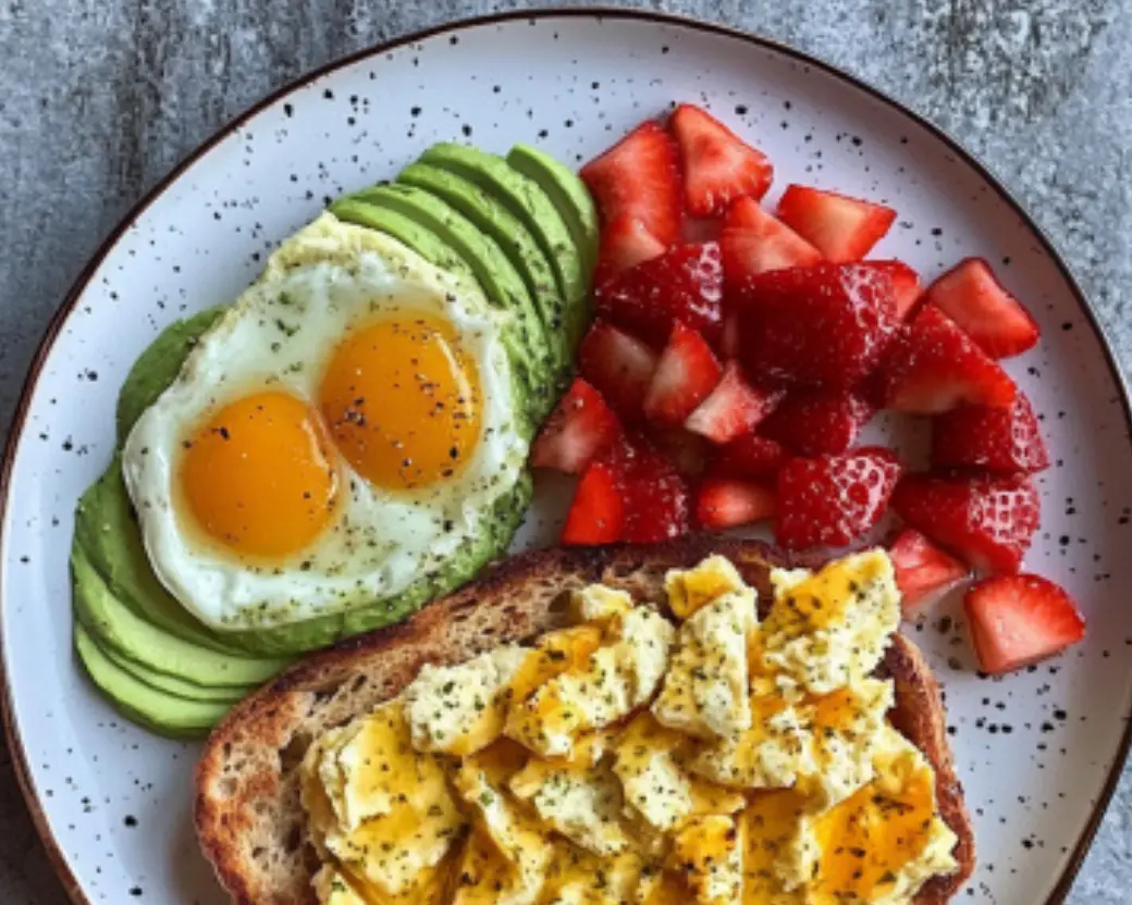 Healthy Avocado Toast Plate with Eggs and Fresh Strawberries