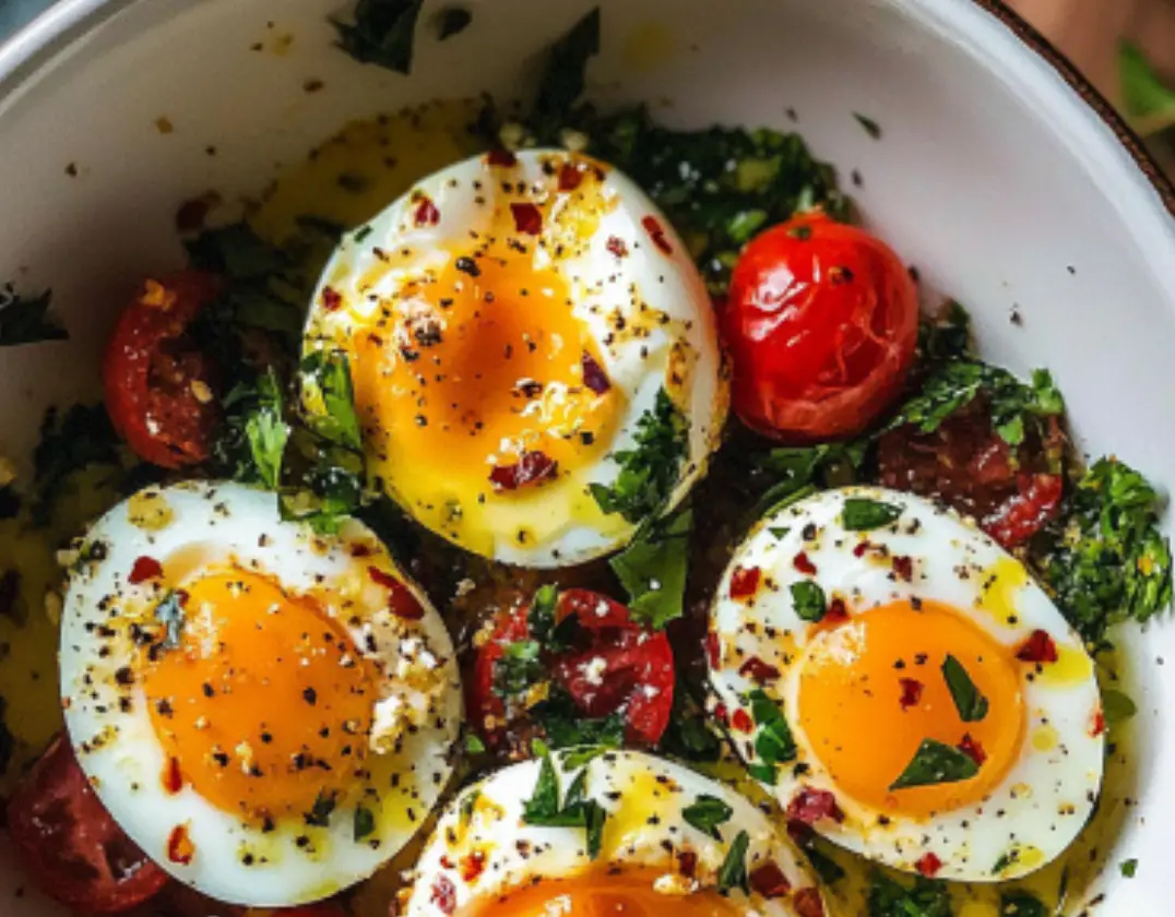 Soft-Boiled Eggs with Herbed Tomato and Garlic Oil