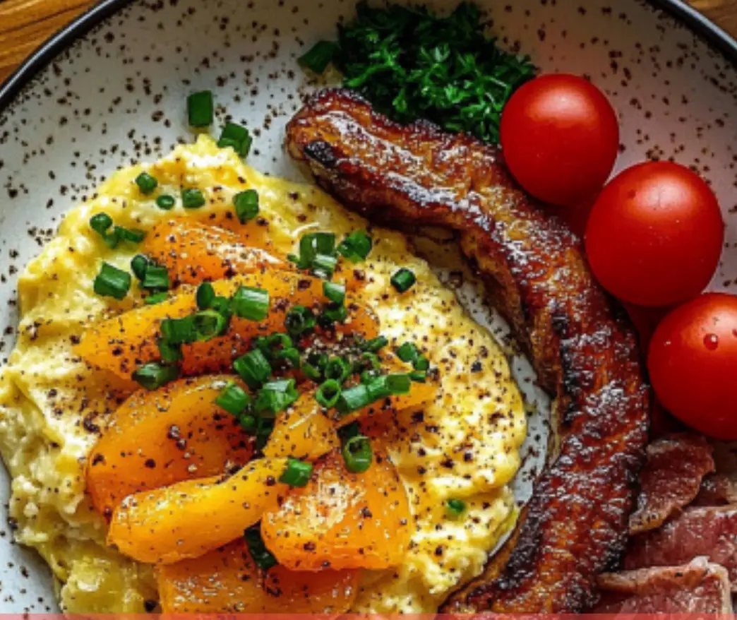Country Breakfast Plate with Bacon, Scrambled Eggs, and Peaches