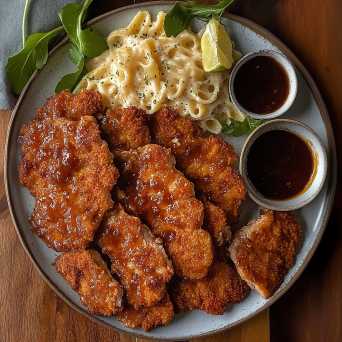 Crispy Breaded Chicken with Creamy Pasta and Dipping Sauces
