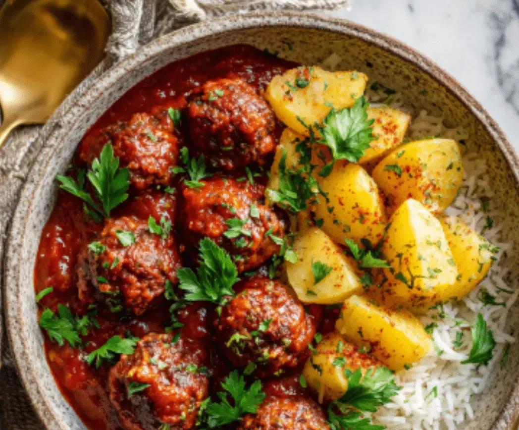 Dawood Basha (Lebanese Meatballs with Potatoes & Rice)