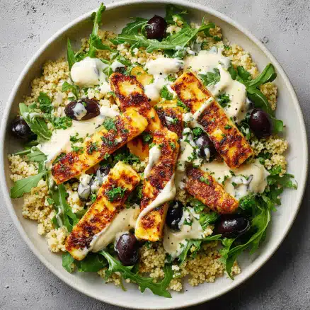 Grilled Halloumi & Couscous Bowl with Lemon Tahini Drizzle