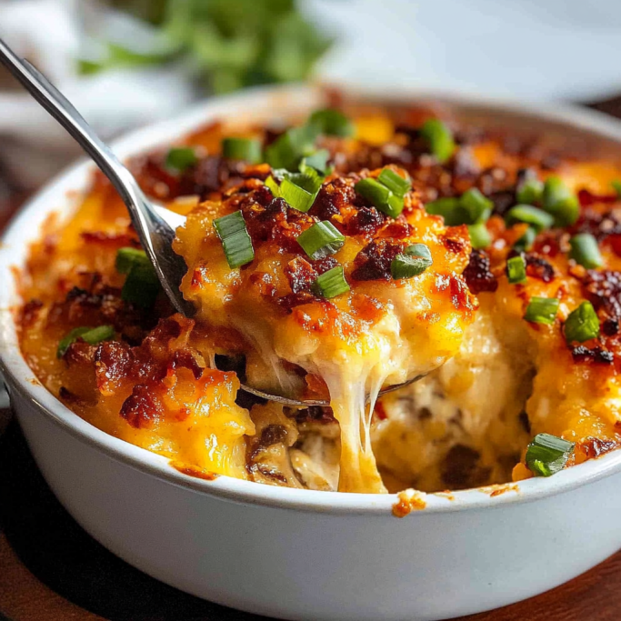 Loaded Cheesy Potato Casserole with Bacon and Green Onions