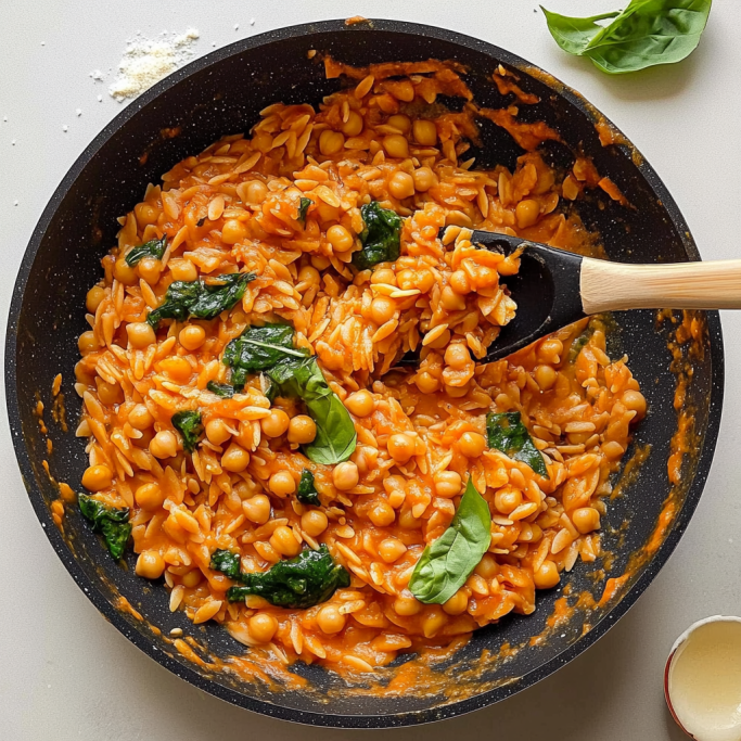 Creamy Tomato Orzo with Chickpeas and Spinach