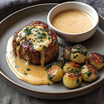 Filet Mignon with Creamy Peppercorn Sauce and Roasted Brussels Sprouts