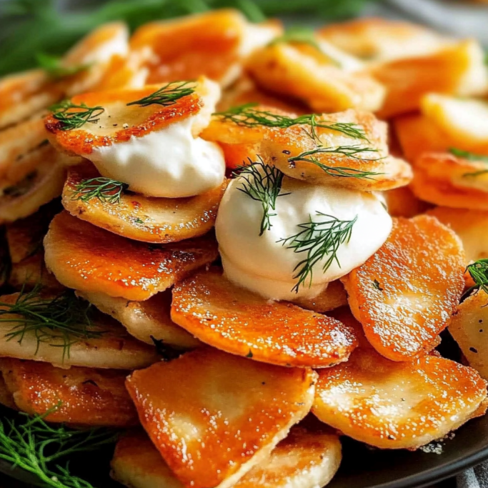Golden Fried Pierogi with Sour Cream and Fresh Dill