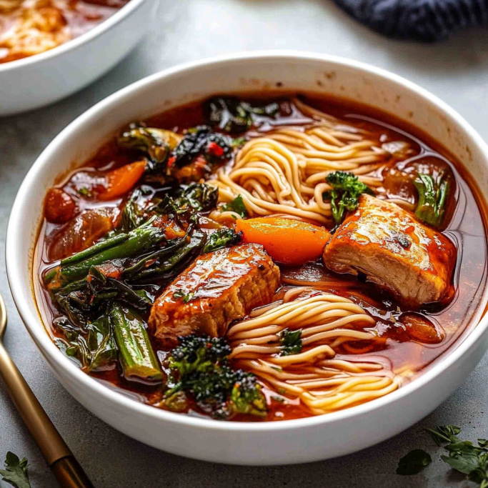 Hearty Noodle Soup with Broccoli, Carrots, and Tender Meat Chunks