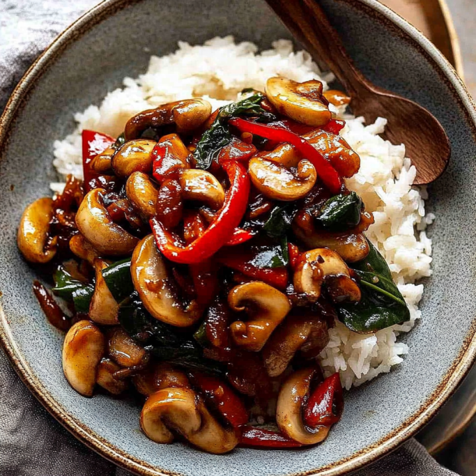 Garlic Mushroom Stir-Fry with Peppers and Rice