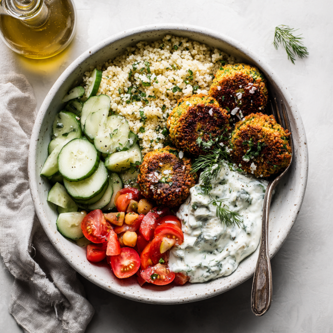 Mediterranean Falafel Bowl with Chickpeas and Couscous