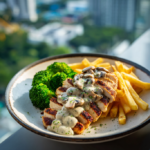 3. Grilled Chicken Breast with Creamy Mushroom Sauce, Broccoli, and Fries