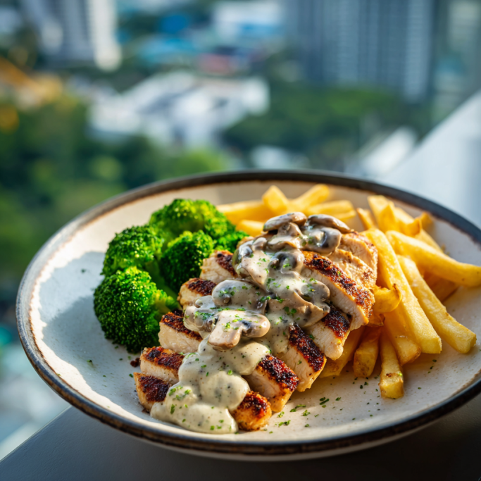 3. Grilled Chicken Breast with Creamy Mushroom Sauce, Broccoli, and Fries